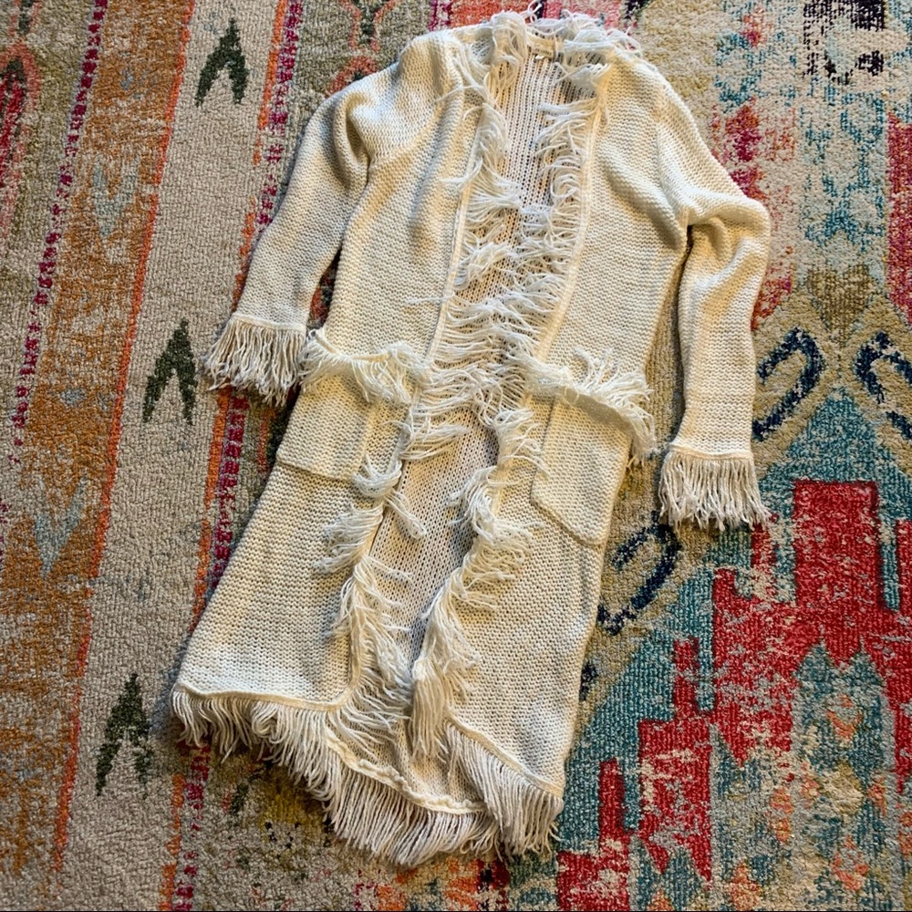 En Creme long fringe sweater